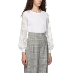 Solid White Color Crew Neck Lace Floral Crochet Semi-Sheer Cotton Blended Long Sleeves Latest Lace Blouse Designs