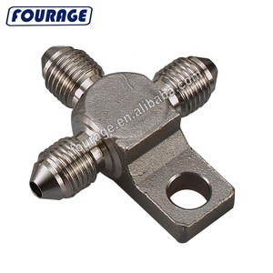 Stainless Steel 3 way -3-3-3AN 3/8-24unf 3AN Splits Thread Tee Block with Mount Tab Male Flare All Sides Brake Hose Fitting