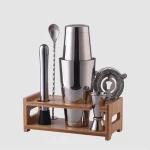 Stainless steel boston cocktail shaker martini set barware tools with wooden support