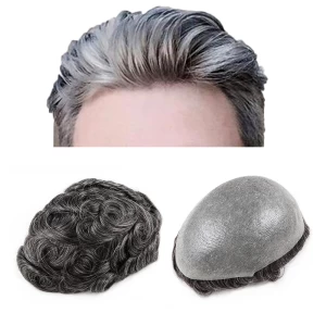 Stock toupee, swiss lace mens toupee 1b# mix 20% Grey hair color fast shipping