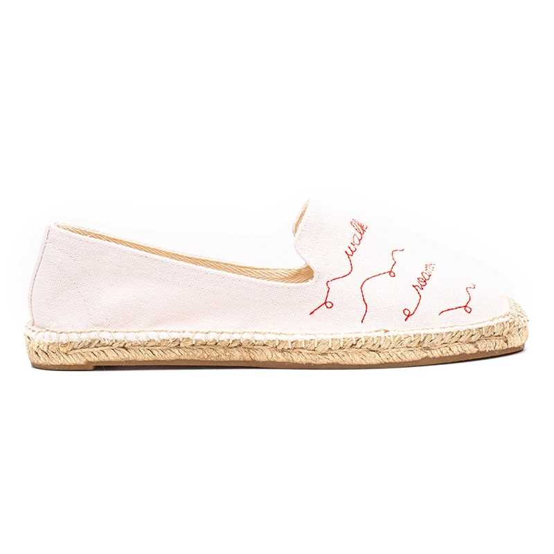 The women cheap simple pink canvas with red floral embroidery comfortable insole espadrilles flat shoes
