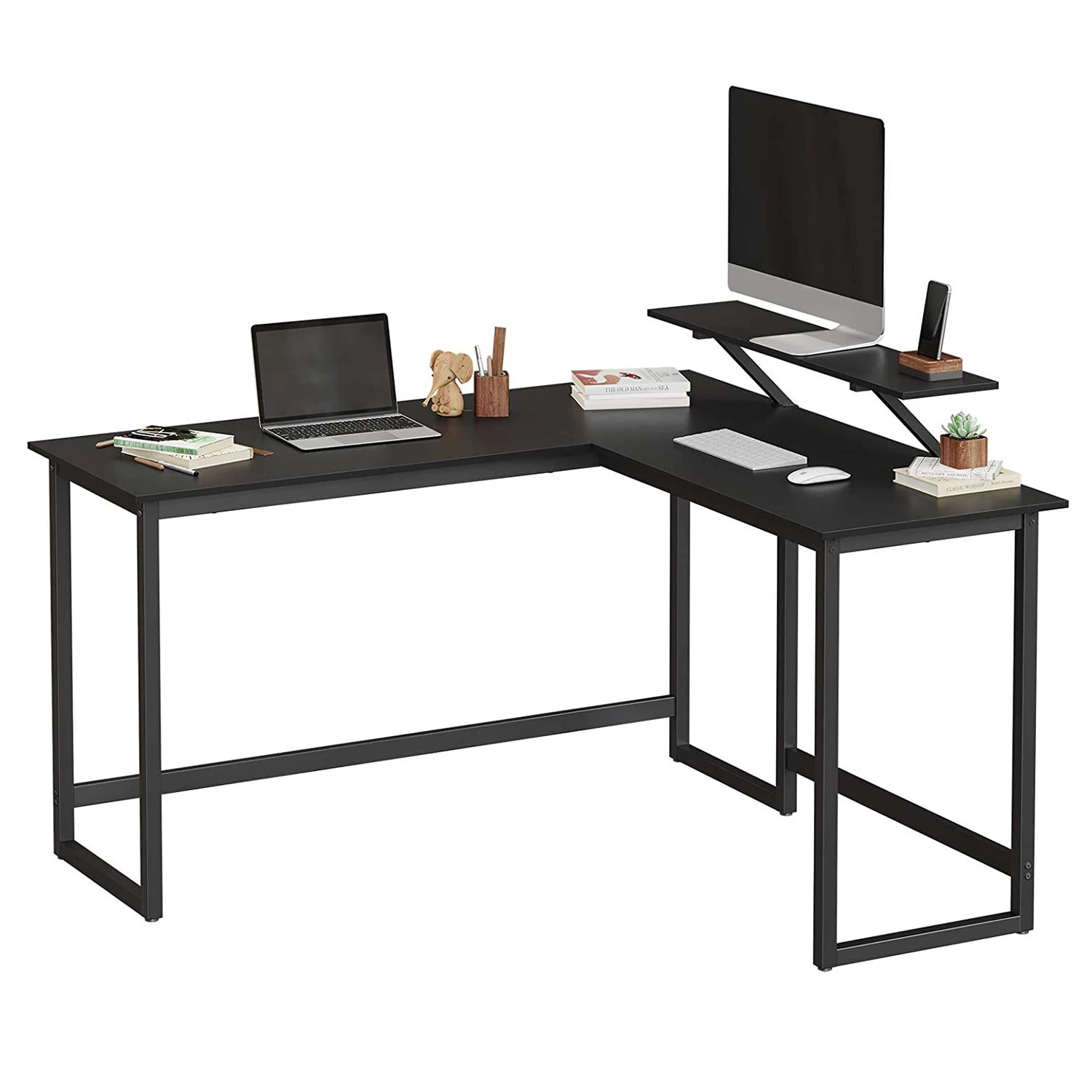 VASAGLE Space Saving Gaming Study Writing Desk Industrial Writing Workstation L-Shaped Corner Computer Desk with Monitors Stand