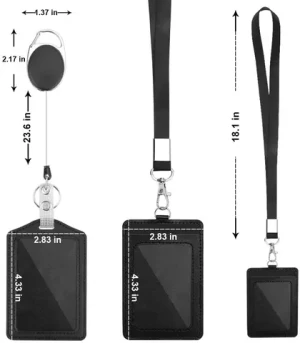 Vertical PU Leather ID Badge Card Holder with 1 Clear ID Window, with Detachable Neck Lanyard Strap and Retractable Badge Reel I