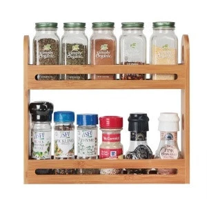 Wholesale Bamboo Spice Rack Kitchen Countertop Spice Bottles Display Holder Seasoning Organizer Shelf with Handle