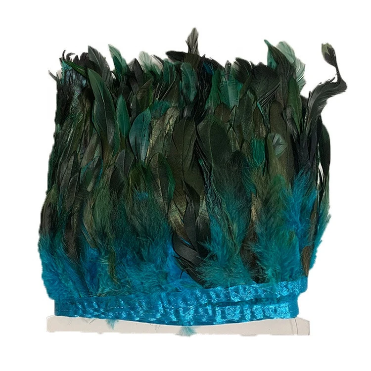 Wholesale colorful dyed rooster cock tail Feather Trim with satin ribbon tape for wedding skirt Decoration