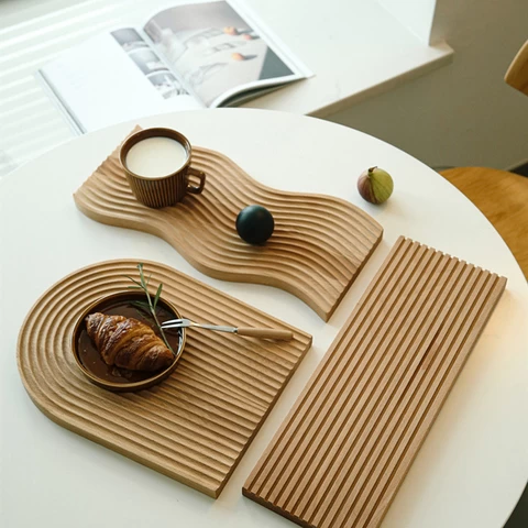 wholesale custom Nordic water ripple beech bamboo wooden coffee tea Bread food dinner serving trays