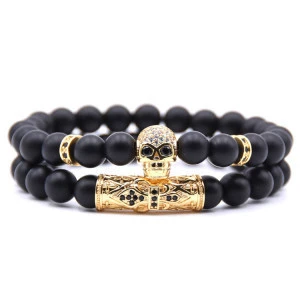 Wholesale Men Custom Fashion Bracelet Sets Jewelry Charm Retro Skull Metal Gold Multi Layered Natural Stones Bracelets