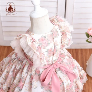 Wholesale New Born Girl Party Dress Court Style Hollow Embroidery Floral Printed Royal Lolita Spanish Baby Dress