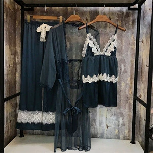 Wholesale silk 3-piece PJ set sexy mesh Sleepwear women robe luxury lace home ladies pajamas