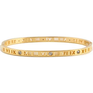 Wholesale Silver/ Rose Gold/ Gold Plated Hollow Roman Numerals Micro Pave Zircon 18k gold Solid Stainless Steel Bangle