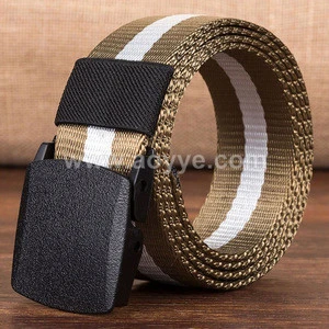 Wholesale simple style black outdoor casual stripe nylon canvas plastic buckle belts for men