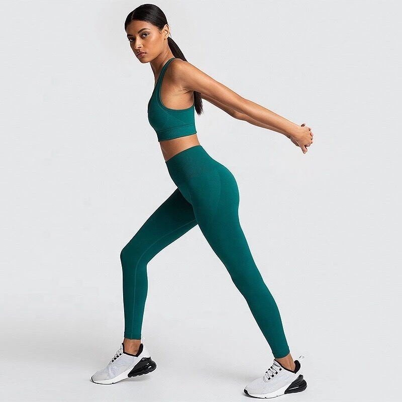 Women Seamless Bodybuilding Workout Gym Fitness Leggings and Tops Wholesale New Ribbed Sport Cloths Seamless Yoga Set