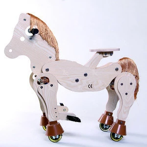 Wooden hobby horse mechanical horse racing walking animal ride on toy with wheels