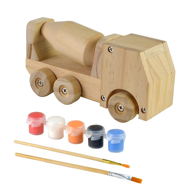 Wooden unfinished educational diy building concrete mixer truck toys