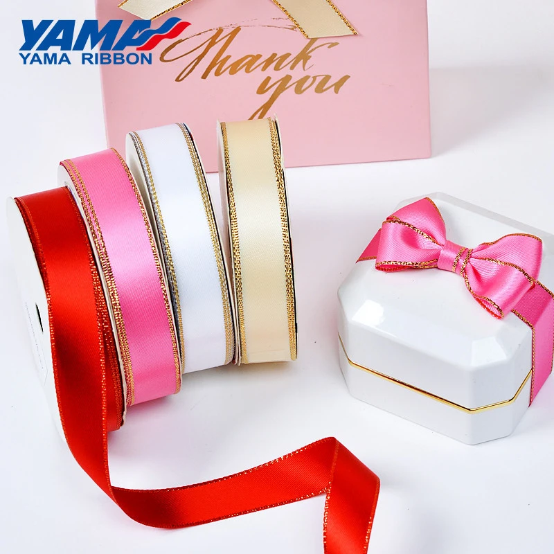 Yama Factory 3-38mm Double Faces Smooth Fashion Gold Edge Satin Ribbon For Gift Package