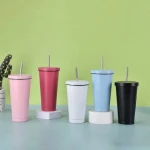 500ml Stainless Steel Coffee Tea Beer Mug Metal Travel Cup With Lid And Drink Straw