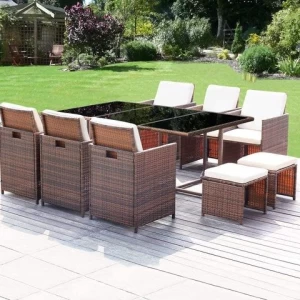 11 pieces Garden Sets Outdoor Furniture Dining Set Rattan Furniture Cushioned Tempered Glass W/Ottoman Brown(PE Rattan)