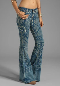 2015 bright blue women jeans wholesale print flare jeans JXQ142