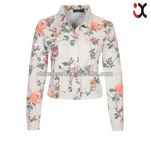 2017 stylish lapel collar denim flower printed jackets for women (JXJ24826)