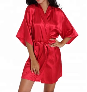 2018 Simple Design Red Wedding Robe Sexy Silk Nightgown With Kimono
