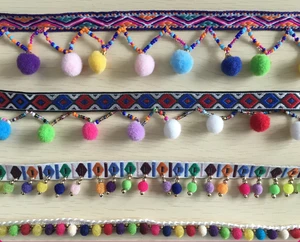 2019 colorful polyester/cotton balls lace sewing lace fringe/tassel pom pom trim tassel