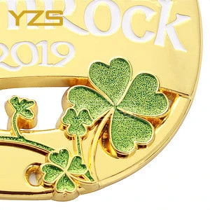2019 New design plated gold enamel glitter green Shamrock metal medal souvenir