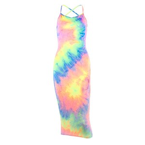 2020 Fashion Slim Pencil Dresses Off Shoulder Cross Backless Rainbow Women Tie Dye Print Club Dress