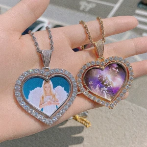2021 New Arrival Hip Hop Jewelry Iced Out Rotate Heart Custom Memory Photo Pendant Necklaces