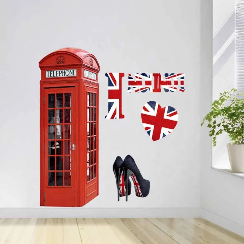 2021 new British style telephone booth high-heeled shoes designs pvc removable adhesive sticker home decor