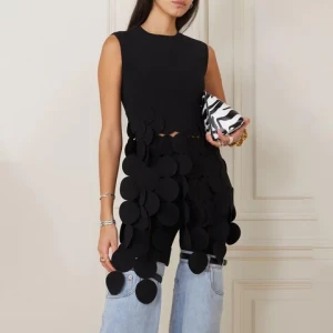 2024 autumn new womens fashion round neck sleeveless round piece splicing design sense fringe senior sense solid color top vest