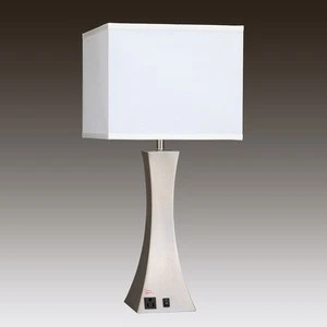 26"H Brushed Nickel Table Lamp with two convenience outlets and White Linen Hardback Shade