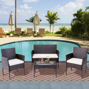 4 Pieces Outdoor Patio Furniture Sets Rattan Chair Wicker Conversation Set, Backyard Porch Garden Balcony Furniture