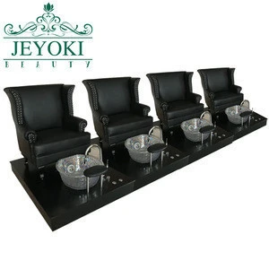 4 seaters pipeless foot spa chair / black pedicure chairs / salon pedicure chairs with crystal glass sinks