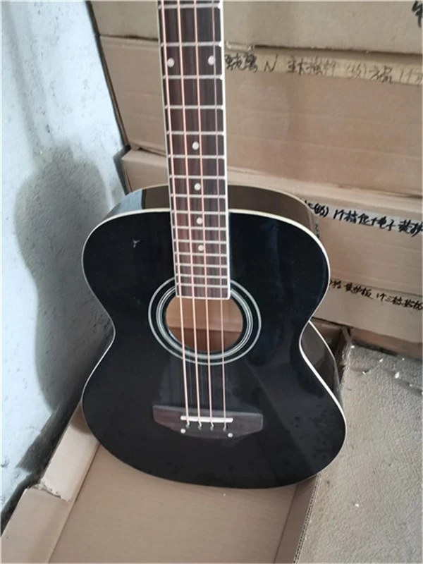 4 Strings Black Body Acoustic Bass Guitar with Chrome Tuners,can be customized