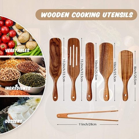 6 Piece Cookware Spatula Spoon Kitchen Tools Utensils Set Teak Wooden Spurtles Set