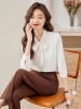 Autumn New Lace Up Pleated Cardigan Shirt Female Design Formal Tops Business Blouse Womens Wear