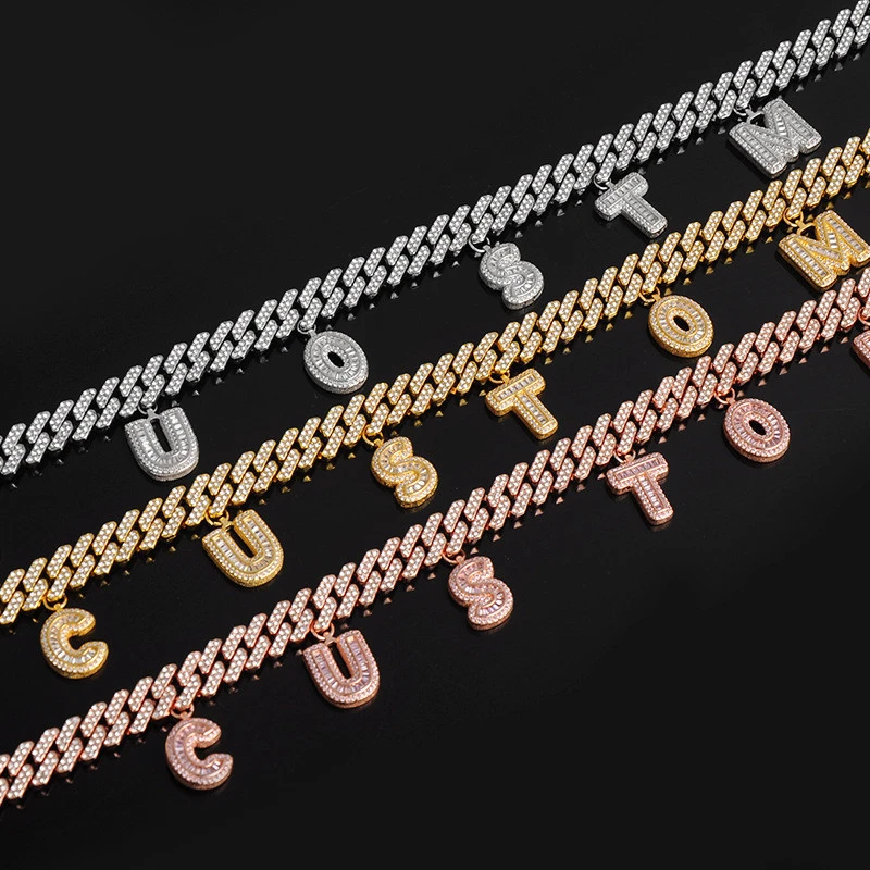 Baguette Letter Necklace DIY Initial Name Personalize CZ Charm Necklace Chain Link Necklace Rapper Jewelry
