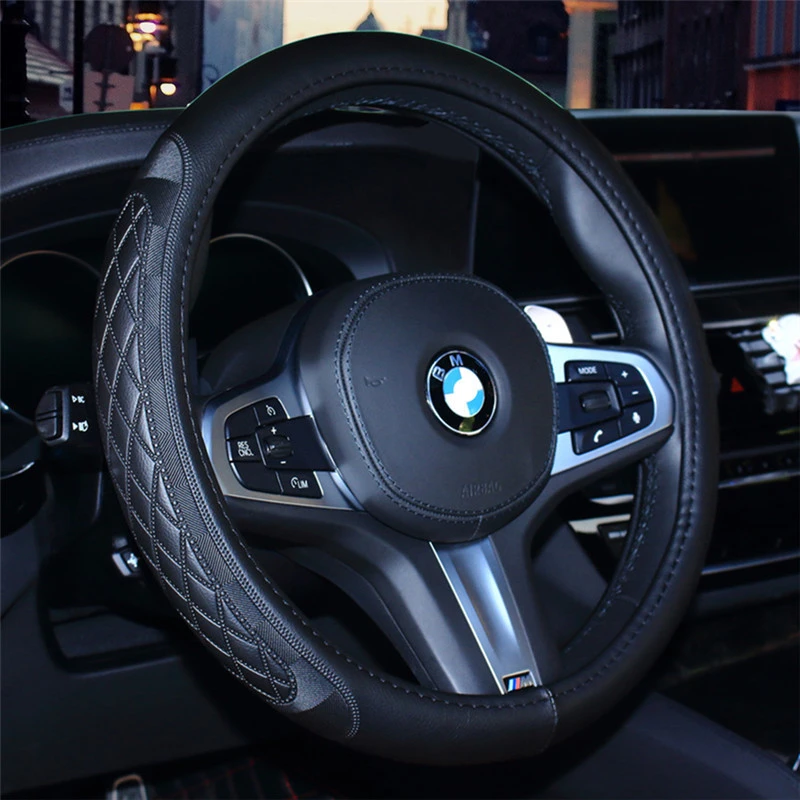 Checks And Stripes Pattern Leather Steering Wheel Cover