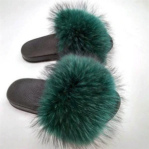 Children popular style genuine fox fur slipper wholesale kids fur slides