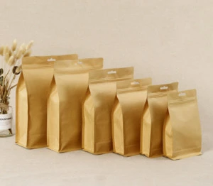 Custom High quality  flat bottom brown kraft paper coffee bean snack bag  with valve and ziplock