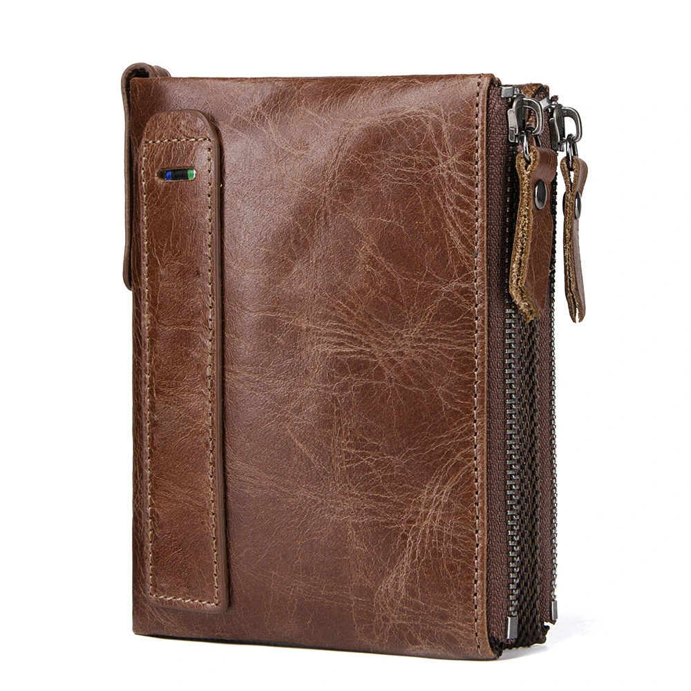 Custom Money Holder Wallet Supplier Crazy Horse Leather Mens Purse Gents Wallet with 2 Zip Pocket
