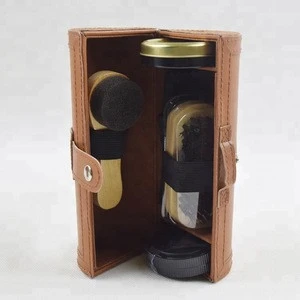 Deluxe Portable Shoe Care Shine Kit With Brown PU Leather Case