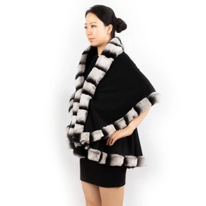 DH IATOYW fashion warm chinchilla fur cape women cashmere shawl with rex rabbit fur edge