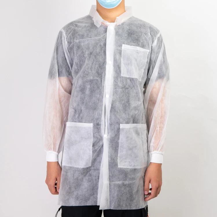 Disposable non woven SMS knitted cuff long sleeve four buttons visit isolation gown Lab Coat