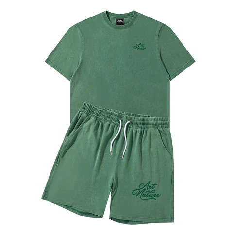 Embroidery Logo Cotton Acid Wash Mens Set Two Piece Shorts Set Clothing For Men