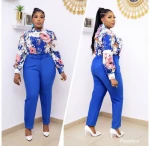 European and American printing two piece set blue color  long sleeve top button belt pencil pants summer women wear