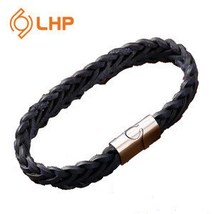 Exquisite braided leather wristband black custom logo stainless steel buckle genuine calf leather high quality men&#39;s bracelet