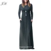 Factory Sale Solid Pockets Long Sleeve Maxi A-line Women Dresses Modest Islamic Clothing Abaya Muslim Dresses