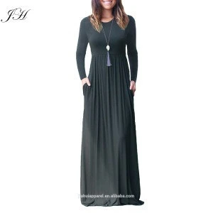 Factory Sale Solid Pockets Long Sleeve Maxi A-line Women Dresses Modest Islamic Clothing Abaya Muslim Dresses