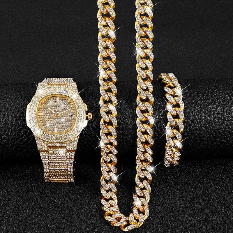 Fashion Hip Hop Jewelry  Iced Out Bling Bling CZ Cuban Chain Necklace Bracelet Watch 3 jewelry sets for men and women